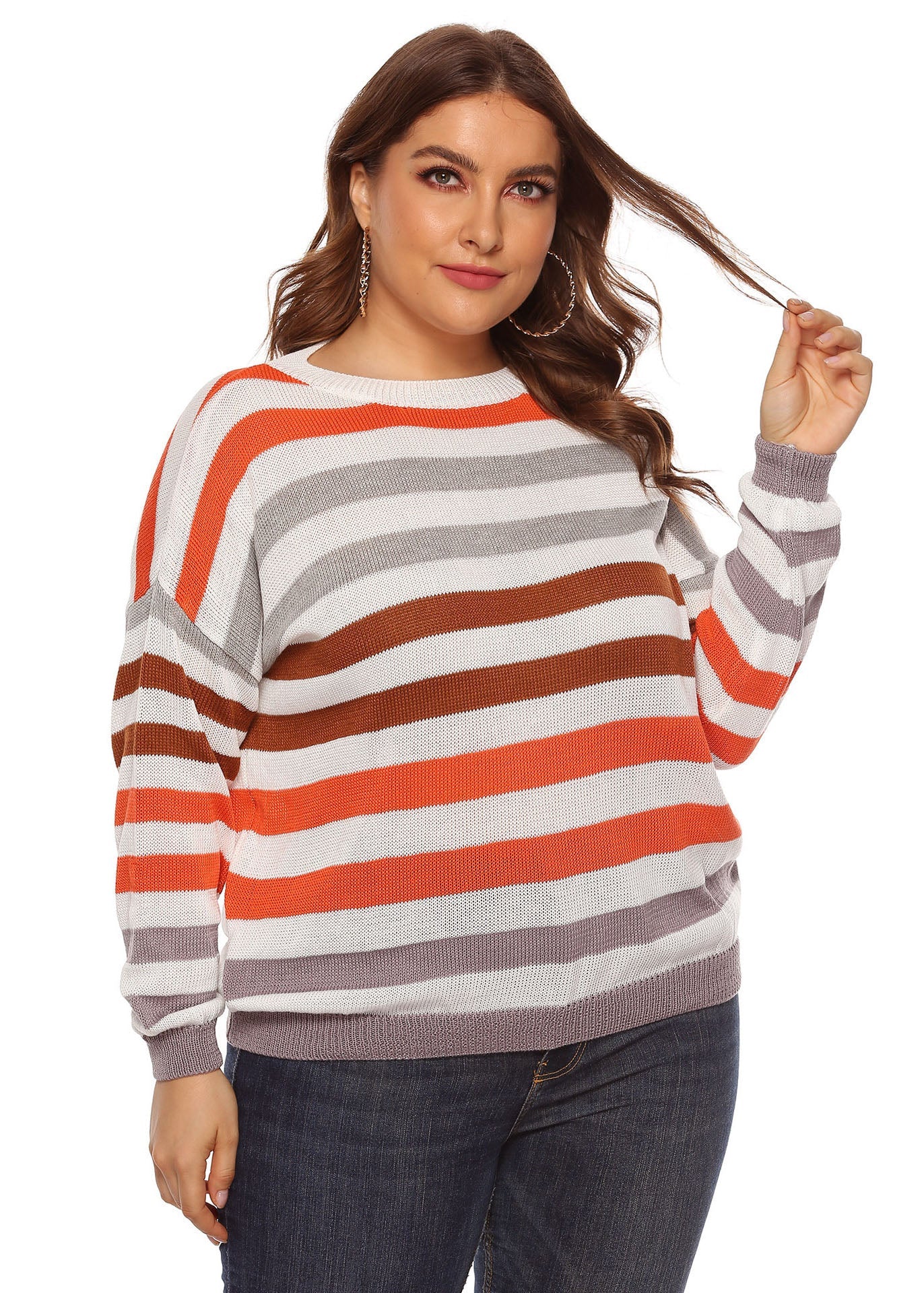 O-neck Striped Patchwork Knit Sweater Long Sleeve