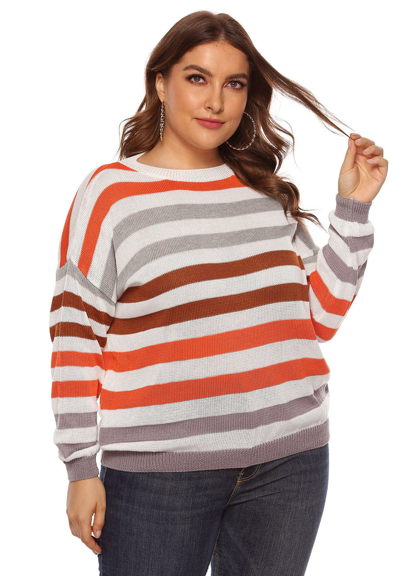 O-neck Striped Patchwork Knit Sweater Long Sleeve