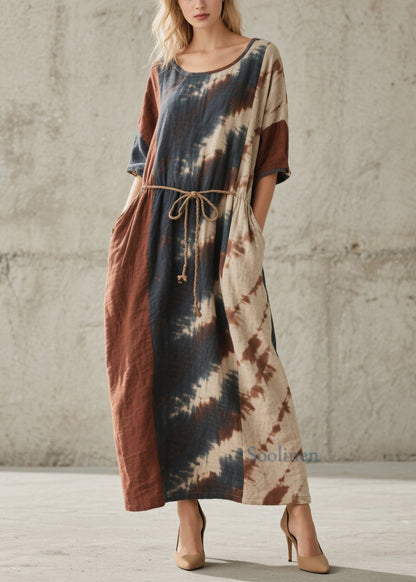 O Neck Tie Dye Lace Up Pockets Cotton Dresses Summer