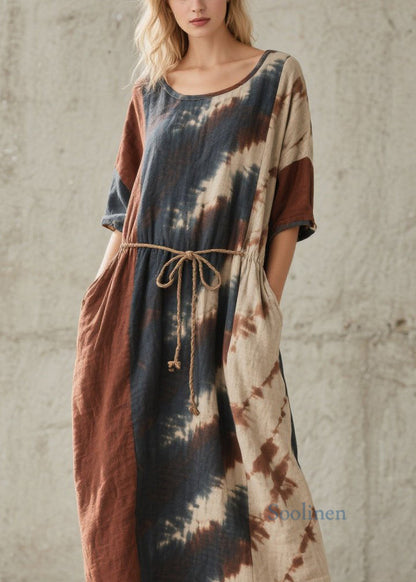 O Neck Tie Dye Lace Up Pockets Cotton Dresses Summer