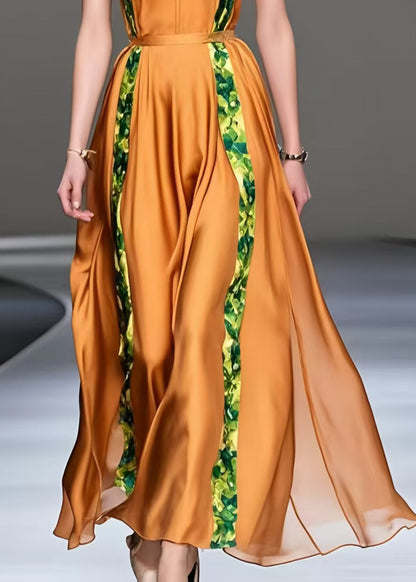 Orange Cinched Patchwork Silk Sundress Summer