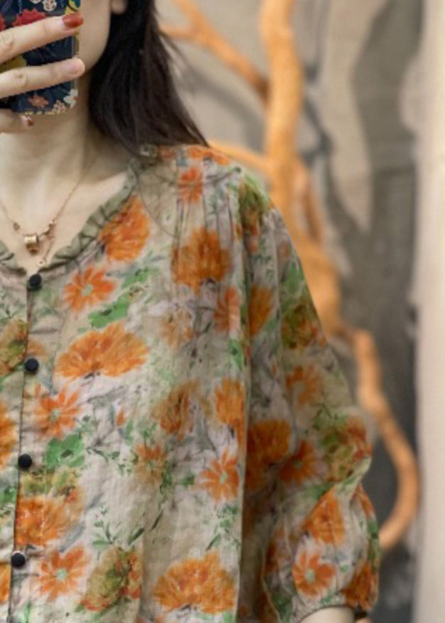 Orange Print Ruffled Patchwork Button Shirt Long Sleeve
