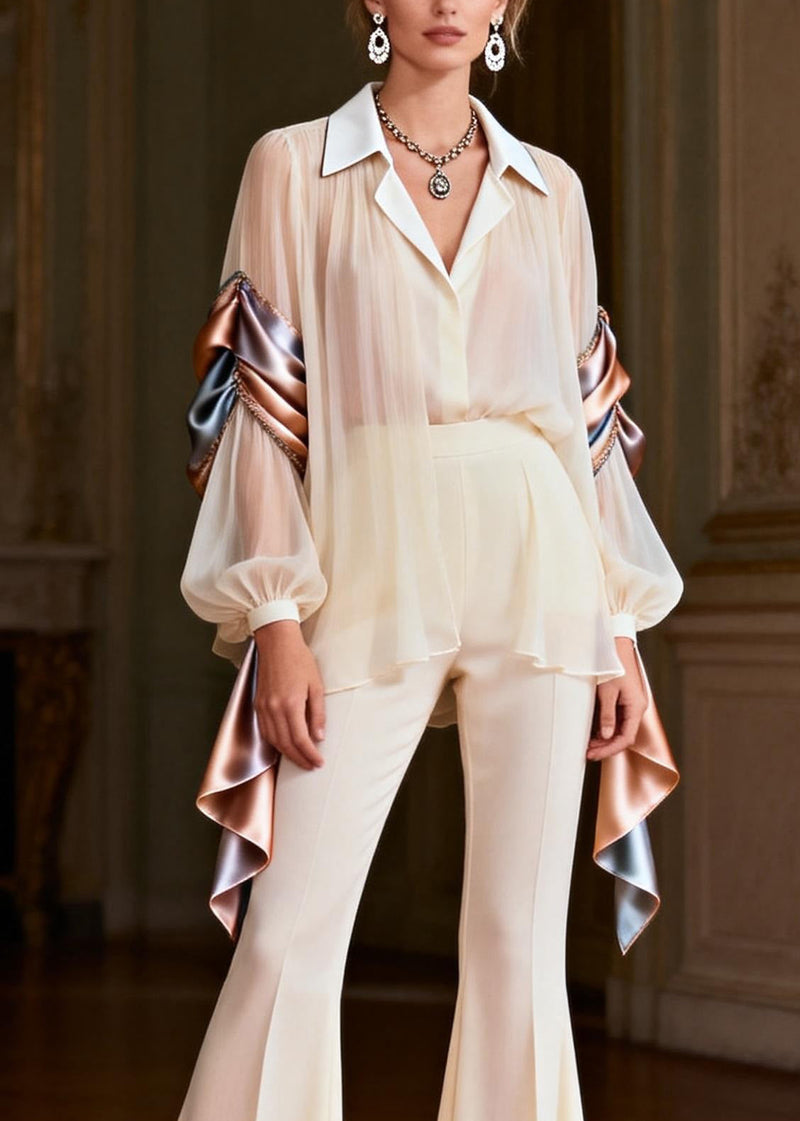 Peter Pan Collar Patchwork Silk Two Pieces Set Spring