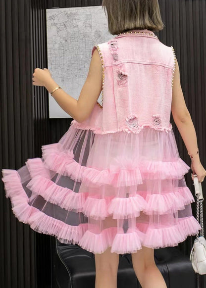 Pink Denim Waistcoat Patchwork Tulle Mid Dresses Sleeveless