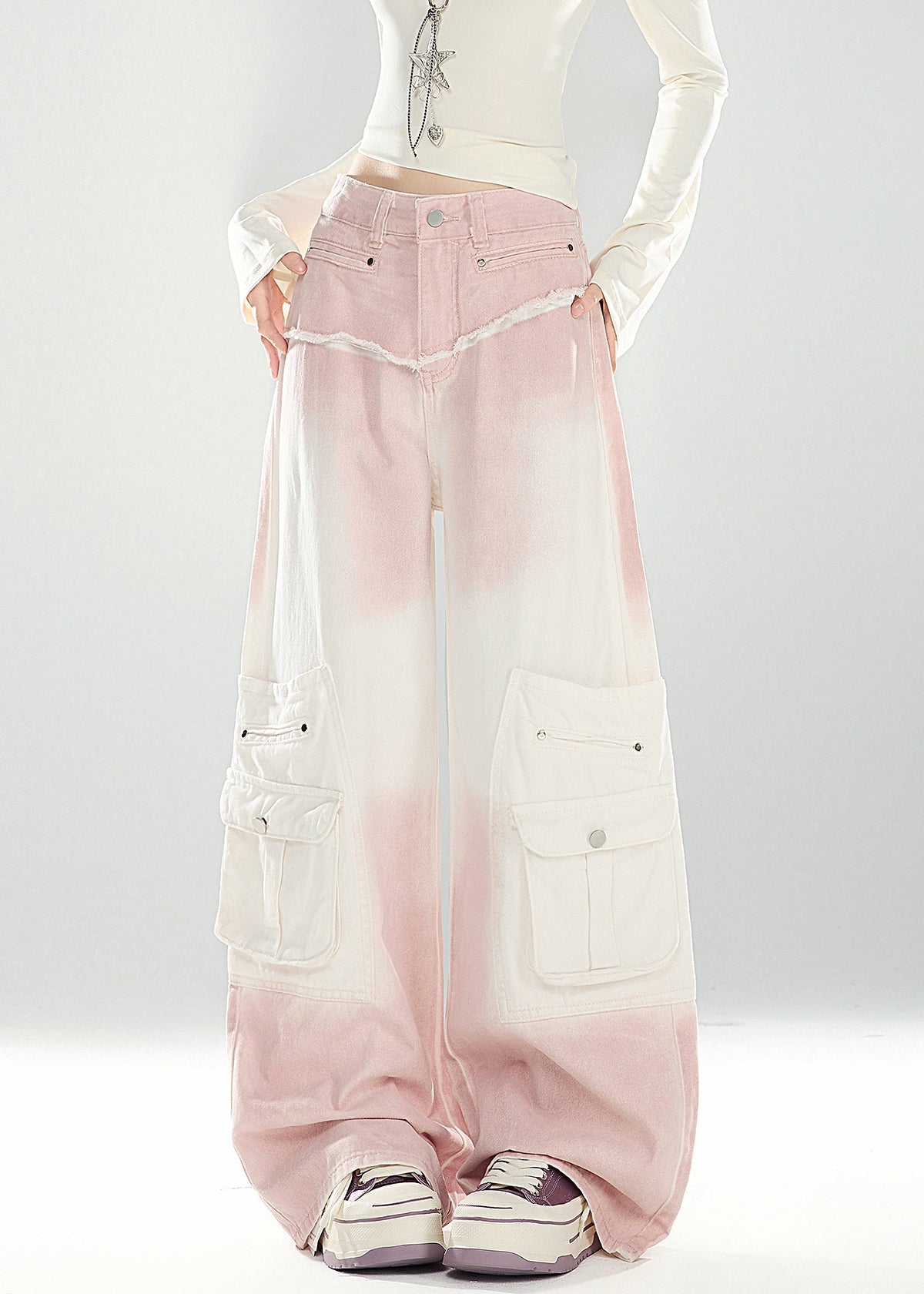 Pink Gradient Color Pockets High Waist Denim Pants Spring
