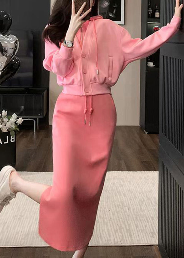 Pink Hooded Top and Skirts Cotton Two Pieces Set Spring