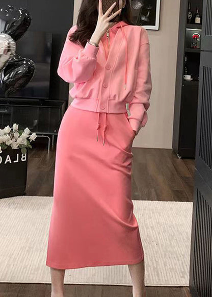 Pink Hooded Top and Skirts Cotton Two Pieces Set Spring