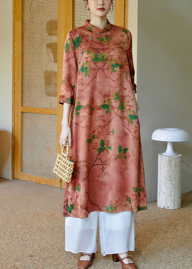 Pink Mandarin Collar Button Print Silk Cheongsam Dress Bracelet Sleeve