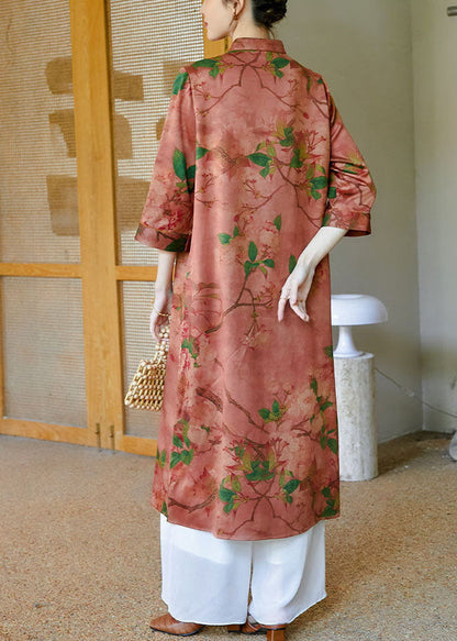 Pink Mandarin Collar Button Print Silk Cheongsam Dress Bracelet Sleeve