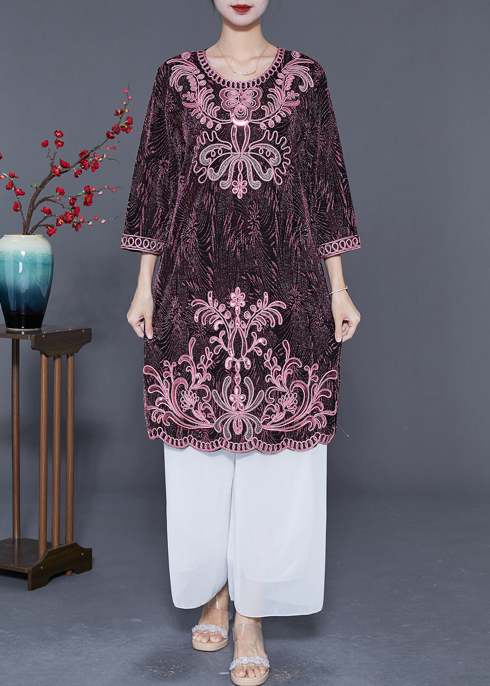 Pink O-neck Embroideried Silk Vacation Dresses Bracelet Sleeve