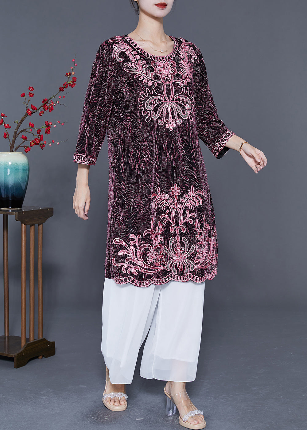 Pink O-neck Embroideried Silk Vacation Dresses Bracelet Sleeve