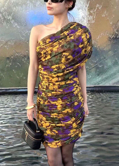 Pink Print Wrinkled Cotton Mid Dress Summer