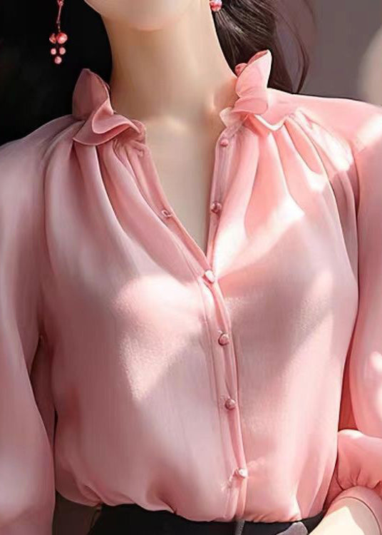 Pink Ruffled Button Chiffon Shirt Bracelet Sleeve