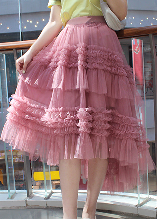 Pink Ruffled Asymmetrical Design Tulle Skirts Spring