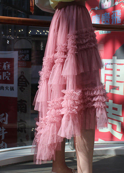 Pink Ruffled Asymmetrical Design Tulle Skirts Spring