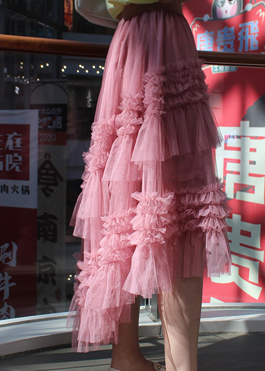 Pink Ruffled Asymmetrical Design Tulle Skirts Spring