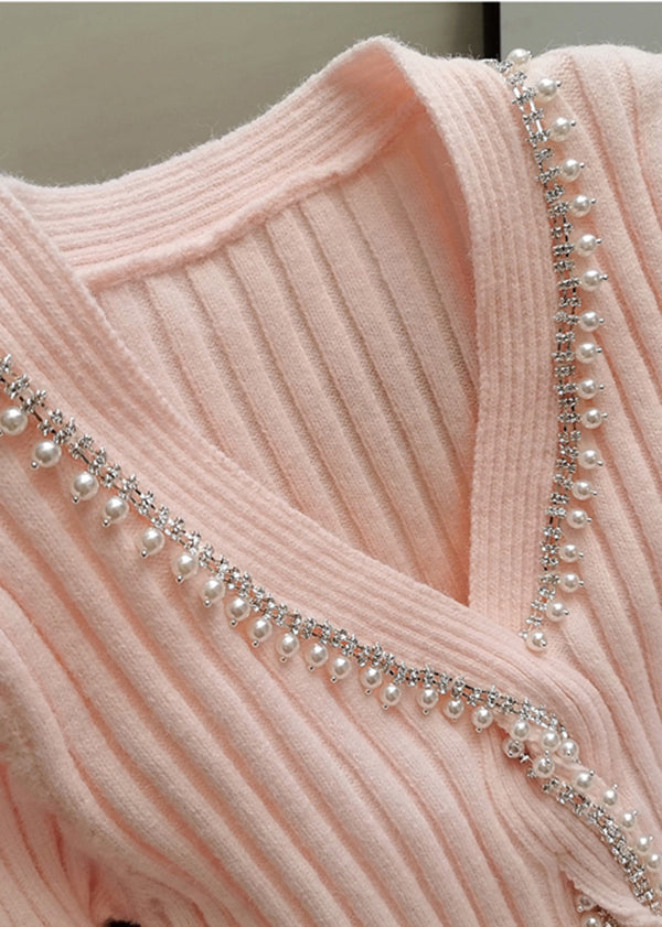 Pink V Neck Nail Bead Silm Fit Knit Sweaters Winter