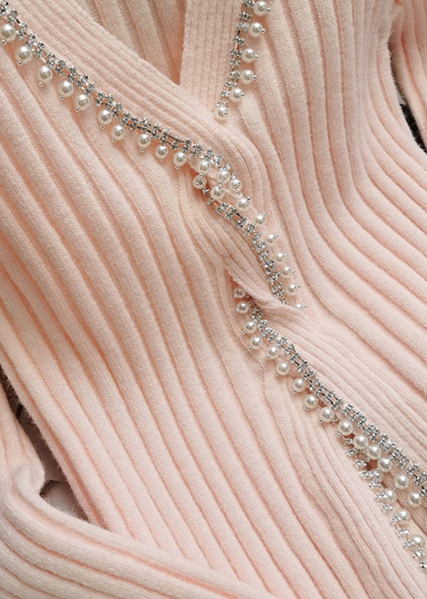 Pink V Neck Nail Bead Silm Fit Knit Sweaters Winter