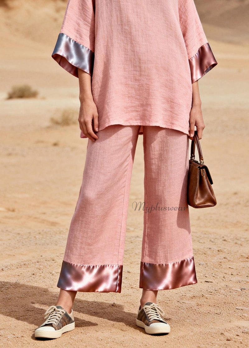 Pink V Neck Patchwork Linen Silk Two Piece Set Summer