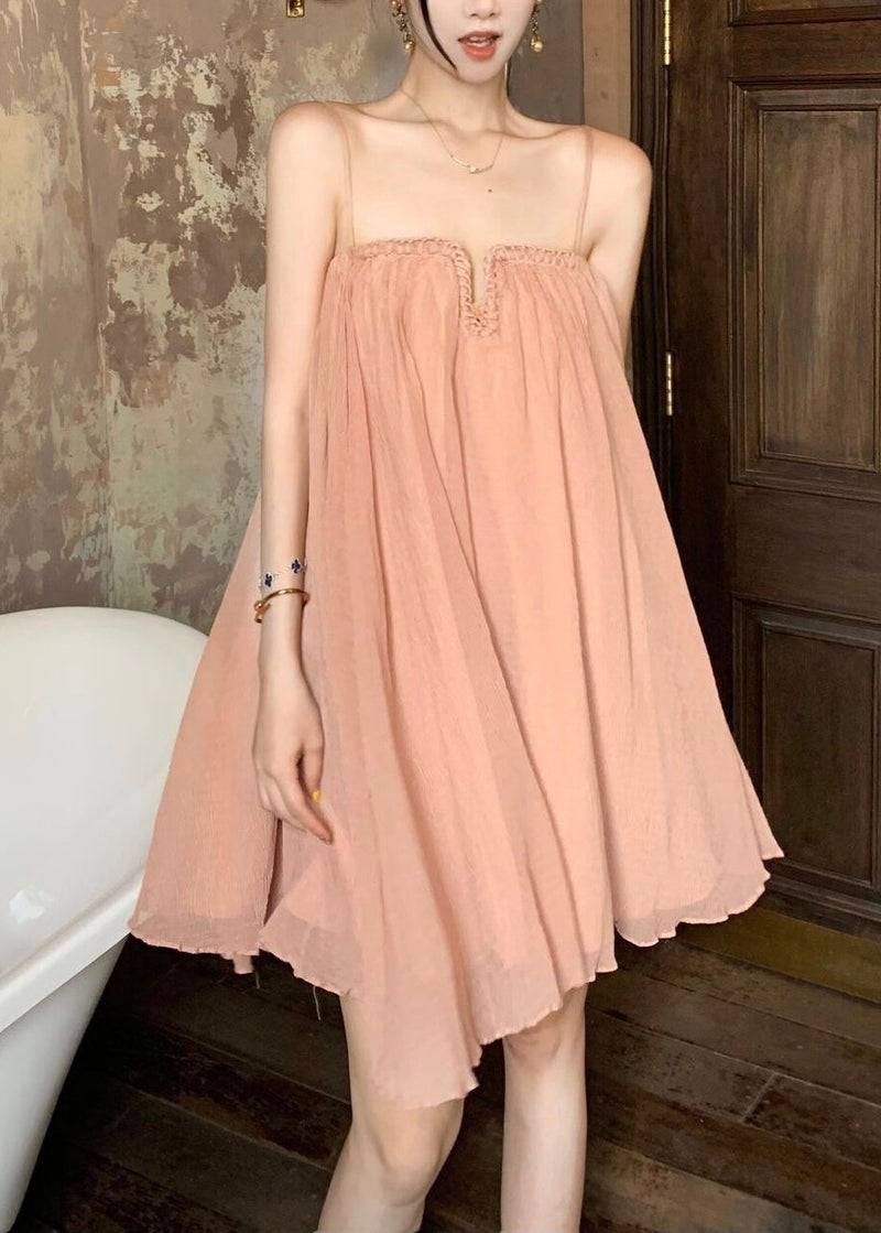 Pink Wrinkled Tulle Spaghetti Strap Dress Summer
