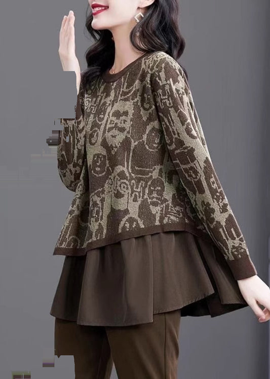 Print Fake Two Pieces Cotton Knit Sweater Winter