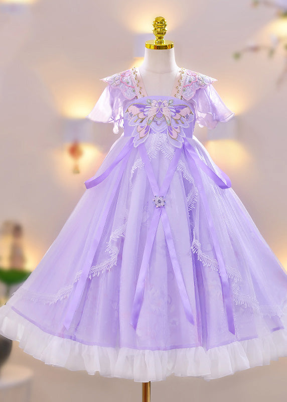 Purple Embroideried Tassel Lace Patchwork Tulle Maxi Dress Summer