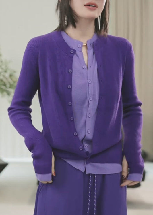 Purple O-neck Button Fake Two Pieces Cotton Knit Sweater Spring