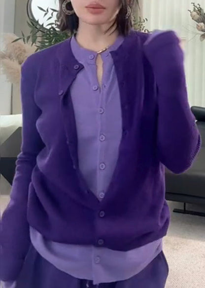 Purple O-neck Button Fake Two Pieces Cotton Knit Sweater Spring