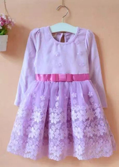 Purple O-neck Embroideried Patchwork Tie Waist Tulle Kids Mid Dress Long Sleeve