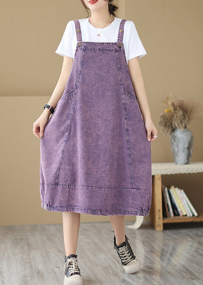 Purple Oversized Patchwork Denim Strap Dress Summer