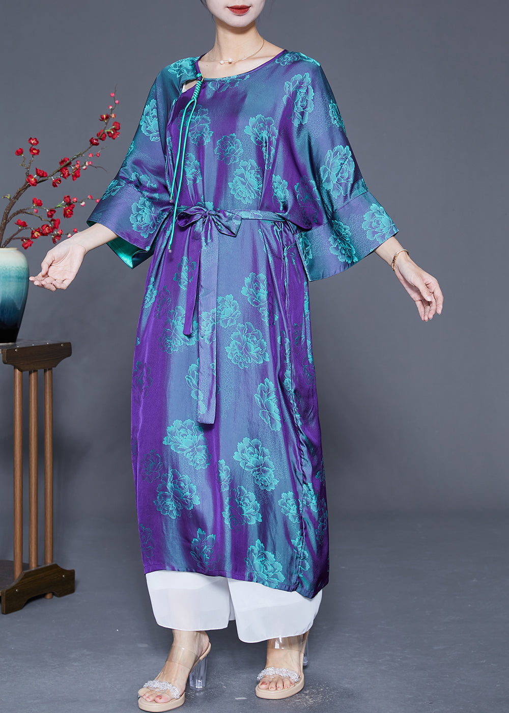 Purple Oversized Print Silk Dresses Bracelet Sleeve
