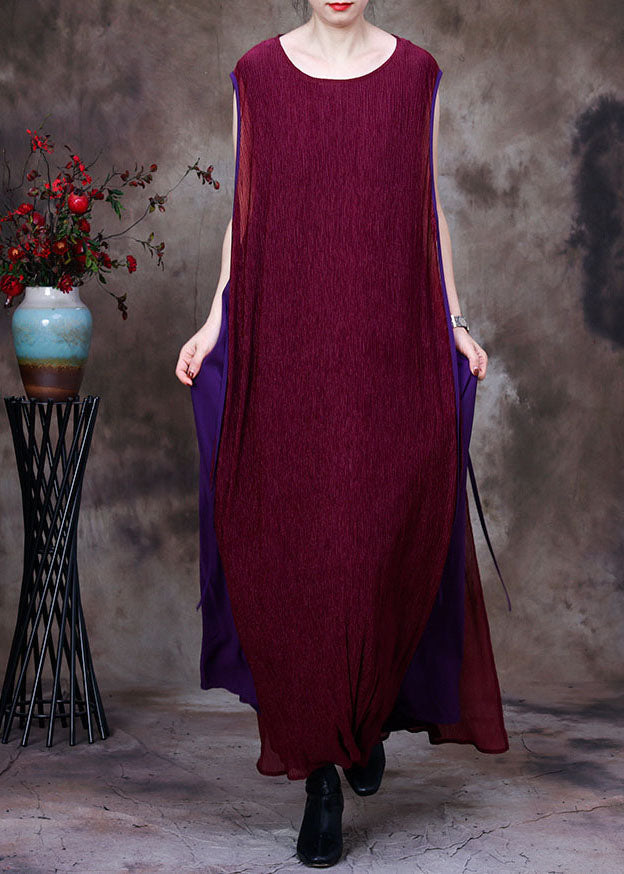 Purple Patchwork O-neck Silk Fake Two Piece Long Dresses Sleeveless