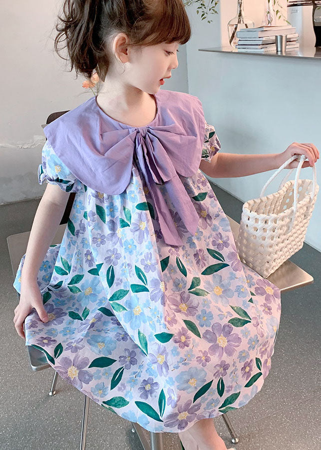 Purple Print Wrinkled Patchwork Cotton Baby Dress Summer