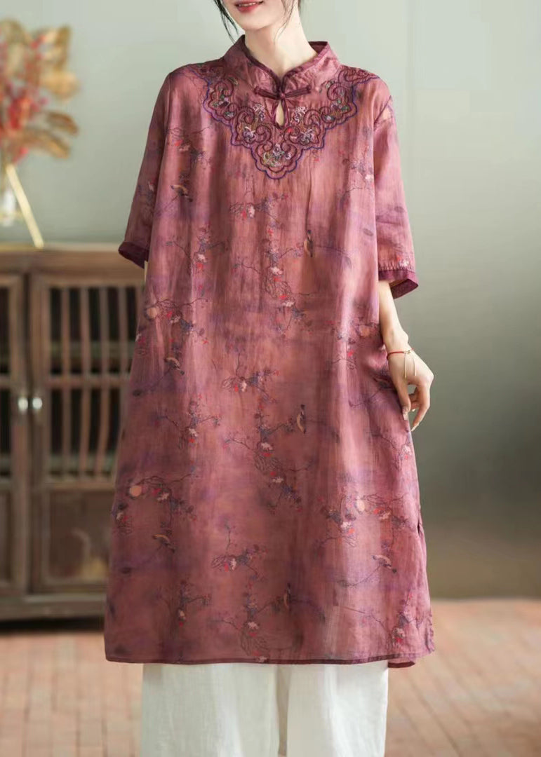 Purple Stand Collar Embroideried Button Linen Long Dress Half Sleeve