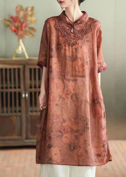 Purple Stand Collar Embroideried Button Linen Long Dress Half Sleeve