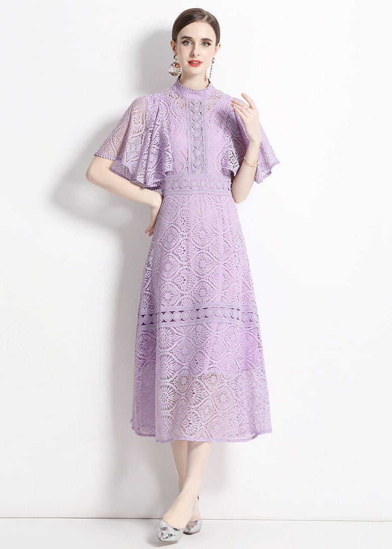 Purple Stand Collar Hollow Out Patchwork Lace Dresses Butterfly Sleeve