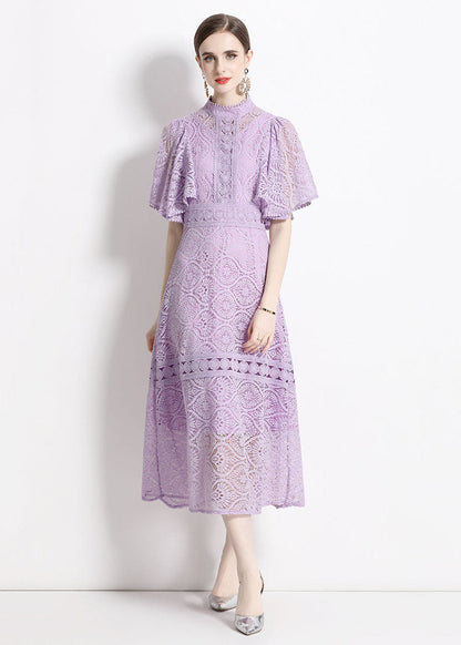 Purple Stand Collar Hollow Out Patchwork Lace Dresses Butterfly Sleeve