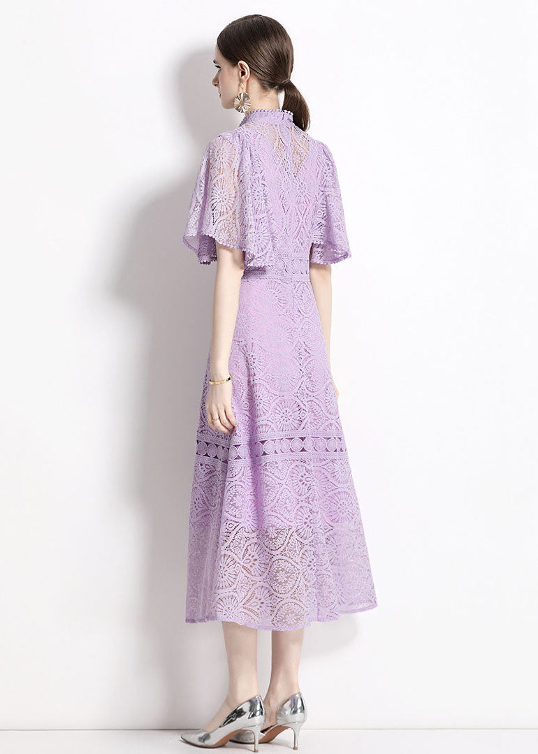 Purple Stand Collar Hollow Out Patchwork Lace Dresses Butterfly Sleeve
