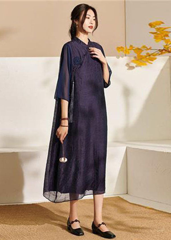 Purple Stand Collar Tasseled Patchwork Silk Dress Summer