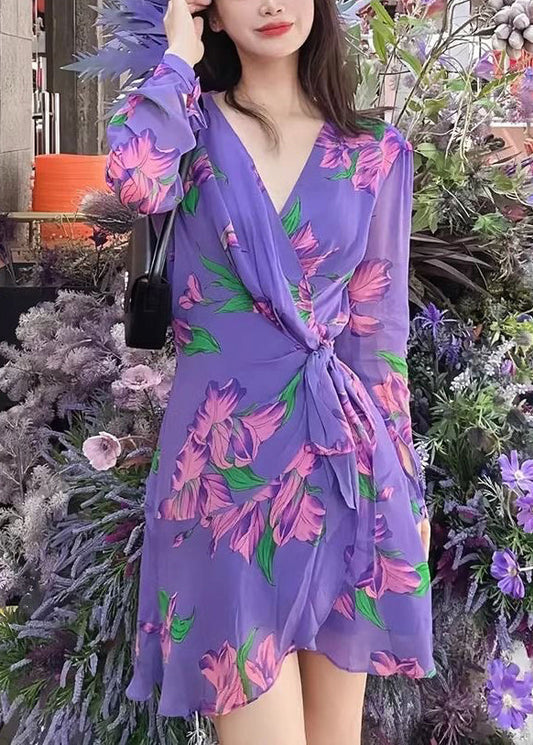Purple V Neck Print Lace Up Chiffon Mid Dress Long Sleeve