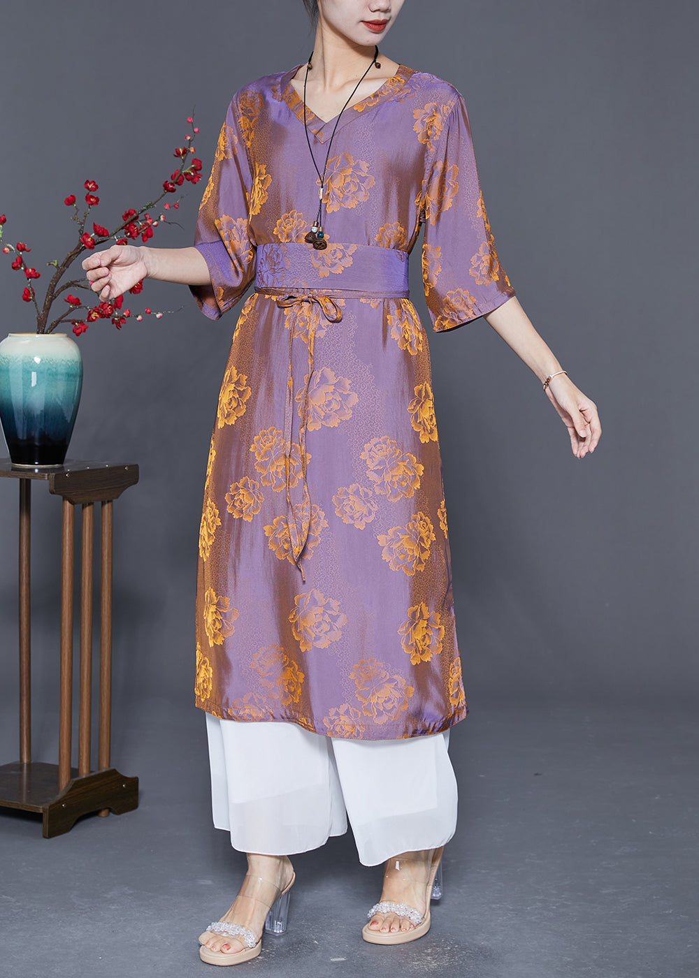 Purple V Neck Print Wear on Both Sides Silk Dresses Summer