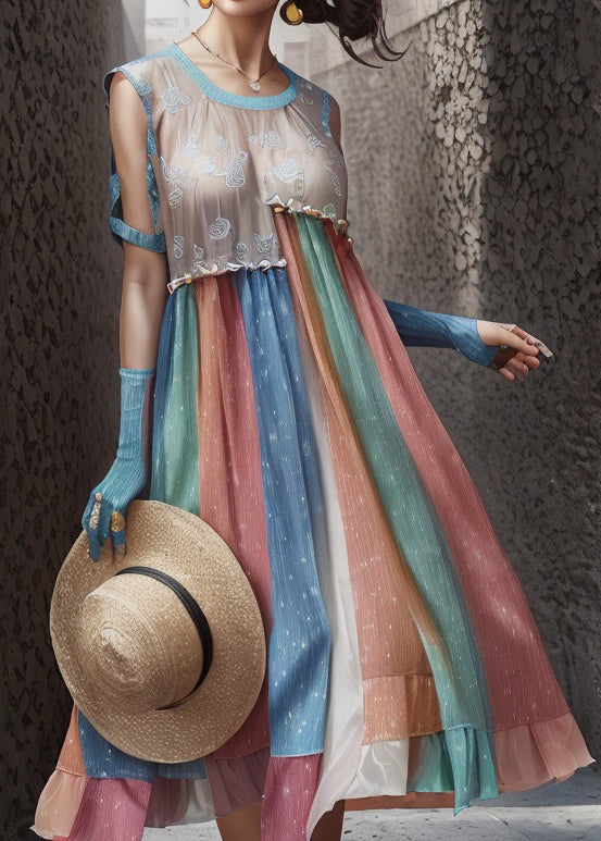 Rainbow Ruffled Patchwork Silk Long Dresses Summer