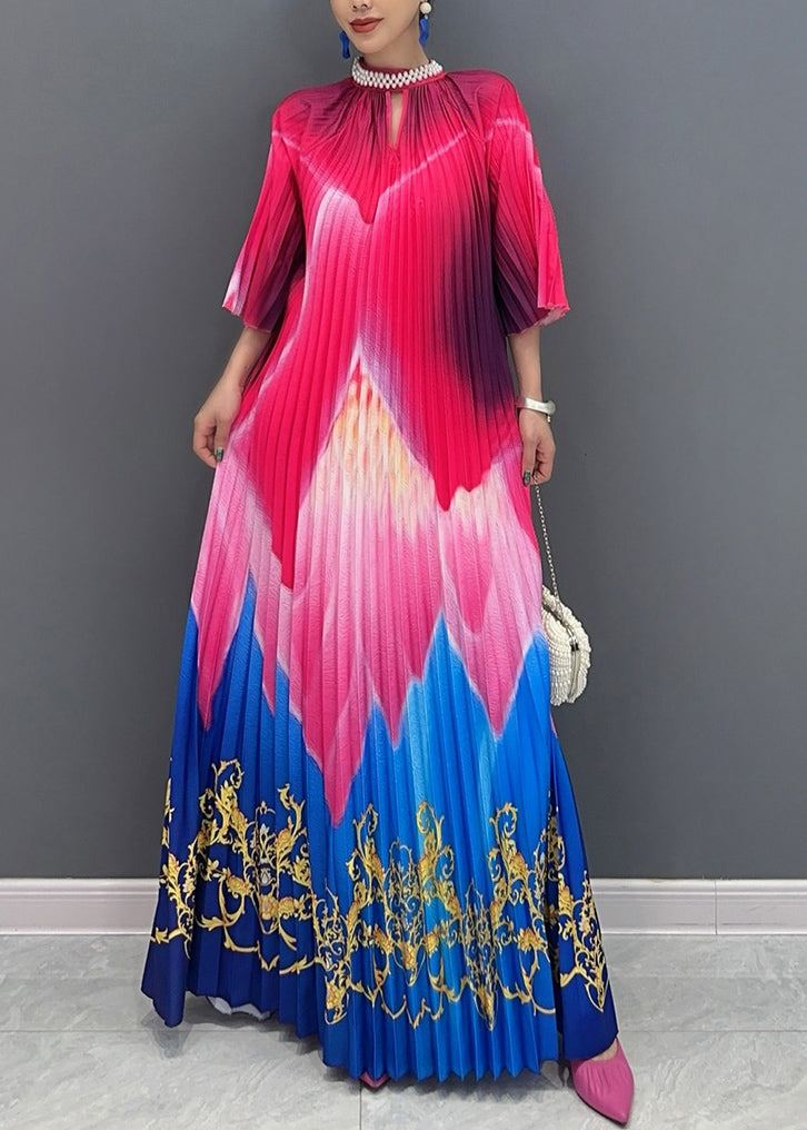 Red Blue Patchwork Print Sashes Maxi Dresses Half Sleeve