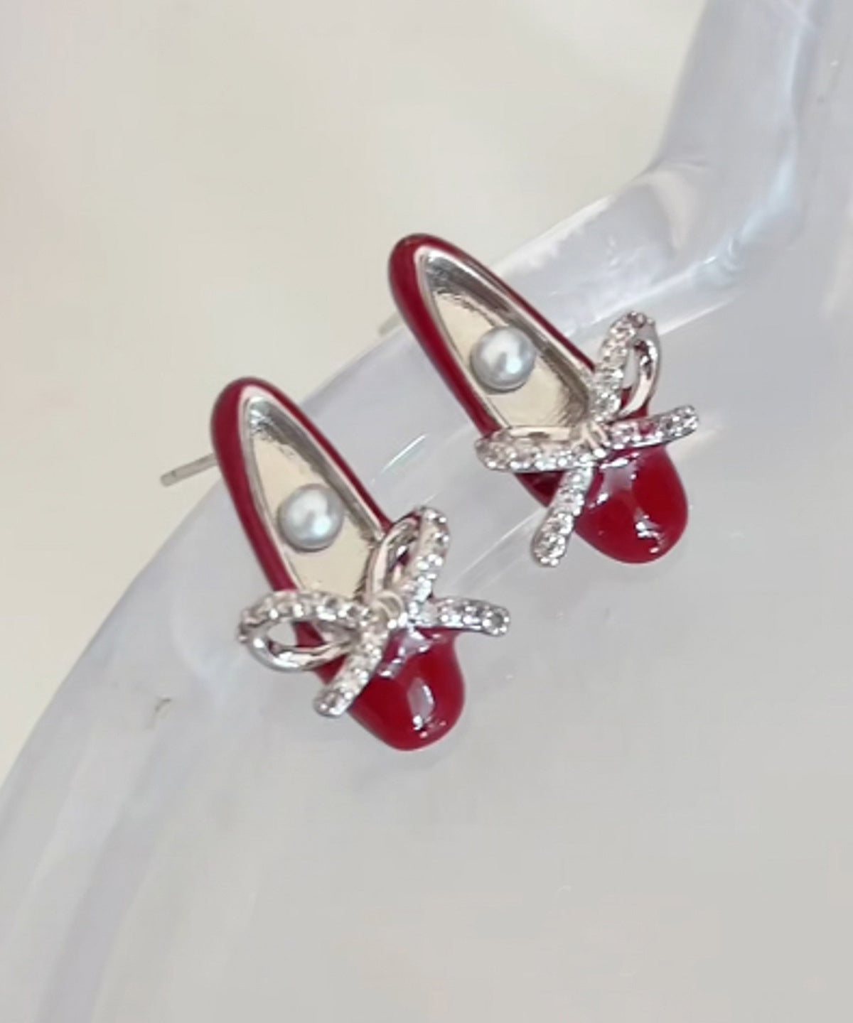 Red Copper Alloy Bow Pearl Ballet Shoes Stud Earrings