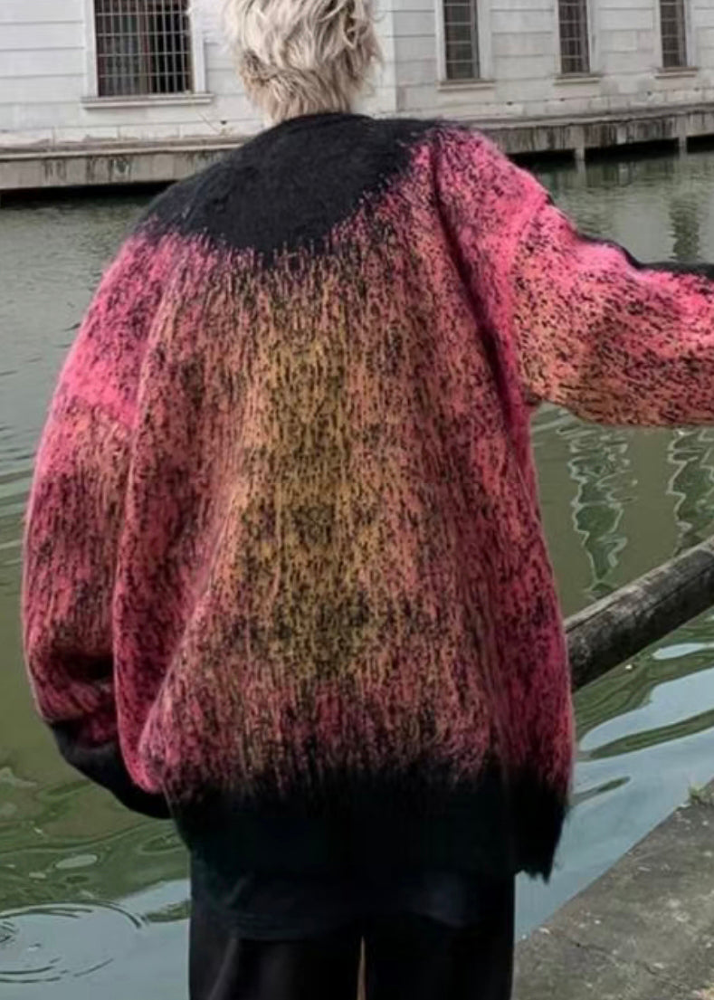 Red Gradient Color Patchwork Knit Sweater Winter