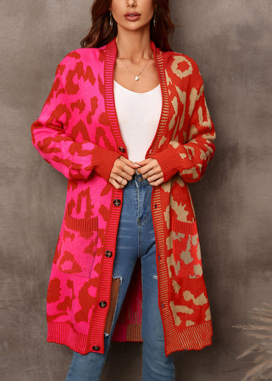 Red Leopard Print Patchwork Knit Loose Cardigan Fall