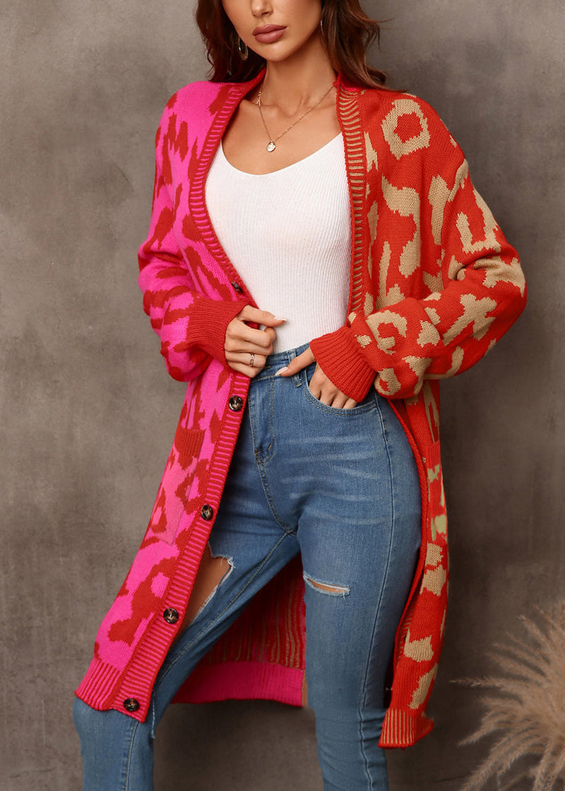 Red Leopard Print Patchwork Knit Loose Cardigan Fall