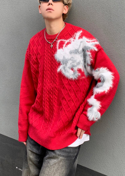 Red O Neck Cozy Patchwork Knit Sweaters Spring