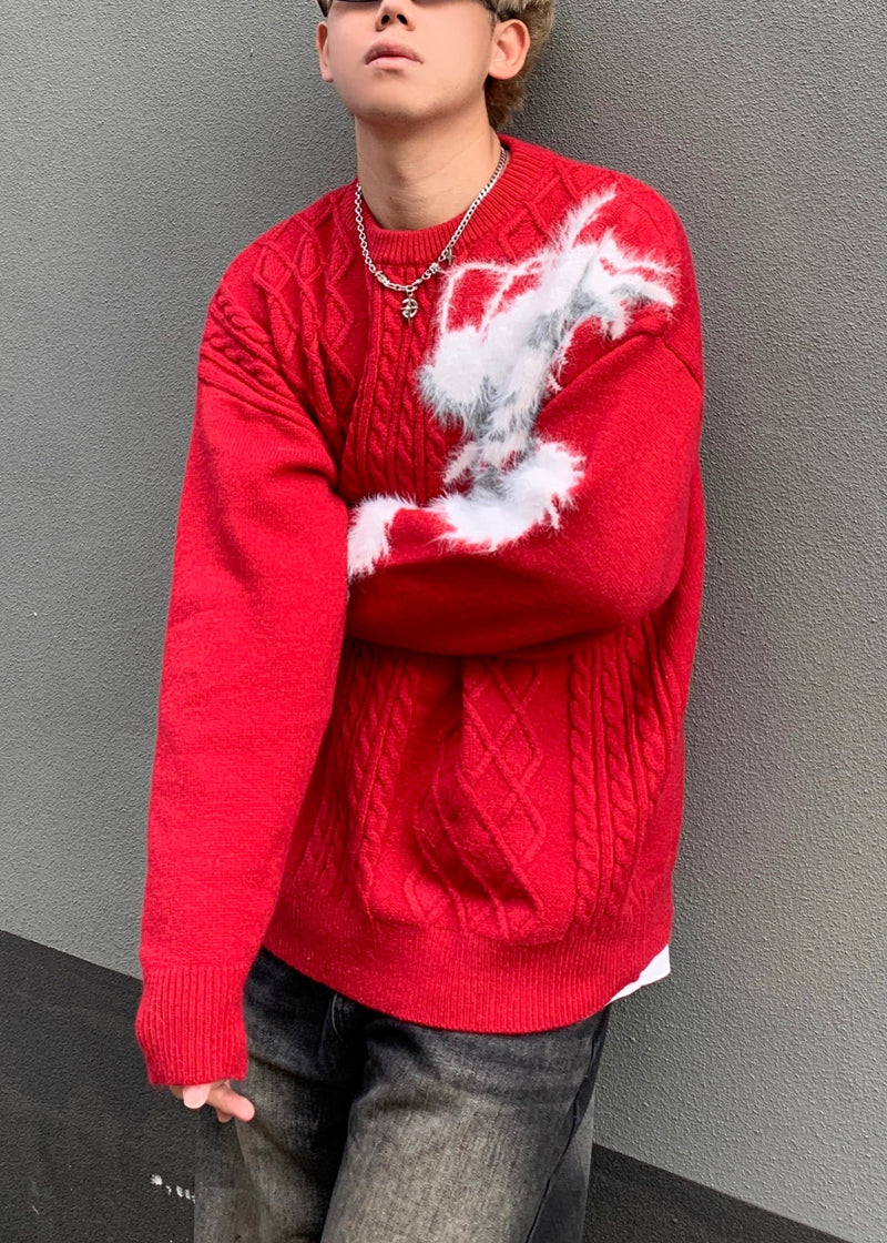 Red O Neck Cozy Patchwork Knit Sweaters Spring