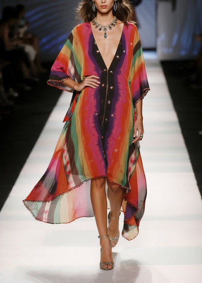 Red Oversized Tie Dye Draping Chiffon Vacation Dresses Summer
